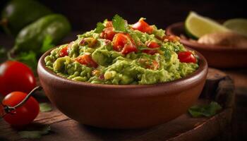 Fresco guacamole inmersión con orgánico vegetales y especias generado por ai foto