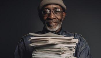 Confident businessman smiling, holding paper, looking professional generated by AI photo