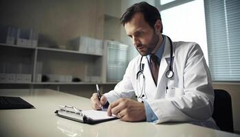 Confident surgeon sitting at desk, holding pen generated by AI photo