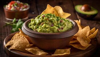 Fresh guacamole dip on crunchy tortilla chips generated by AI photo