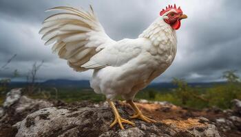 Free range rooster standing in rural meadow generated by AI photo