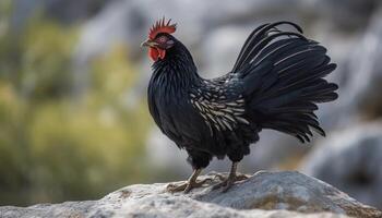 gratis rango gallo soportes orgulloso en herboso campo generado por ai foto