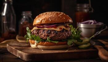 Grilled gourmet cheeseburger on rustic sesame bun generated by AI photo
