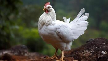 Free range rooster standing in green meadow generated by AI photo