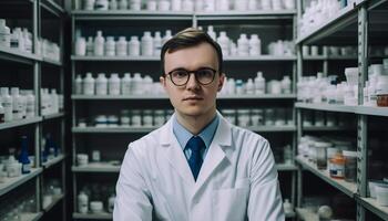 Smiling pharmacist holding prescription medicine, looking confident generated by AI photo