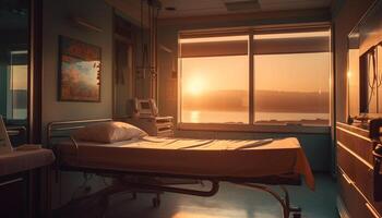 Comfortable bed in modern hospital room illuminated generated by AI photo