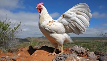 Rooster stands proud in free range pasture generated by AI photo