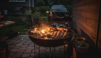 A la parrilla carne y vegetales en brillante brochetas generado por ai foto