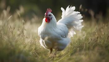 Free range rooster grazes on green meadow generated by AI photo