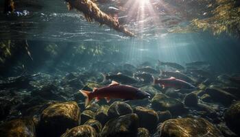 colegio de pescado nadar en tropical arrecife generado por ai foto