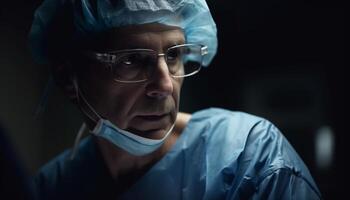 Caucasian surgeon in scrubs and surgical mask generated by AI photo