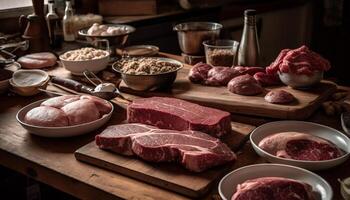 rústico cocina prepara gastrónomo Cerdo filete comida generado por ai foto