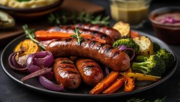 Grilled pork and beef with fresh vegetables generated by AI photo