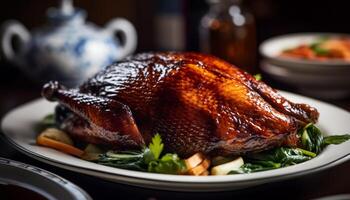 Grilled poultry and vegetables on rustic plate generated by AI photo