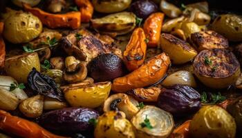 A la parrilla berenjena aperitivo con Fresco tomate y cebolla generado por ai foto