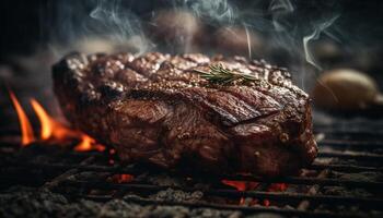 Grilled steak on coal, smoke rising high generated by AI photo