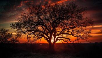 Silhouette of acacia tree back lit by sunrise generated by AI photo