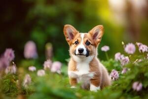 Portrait cute dog on the flowers garden with light exposure photo