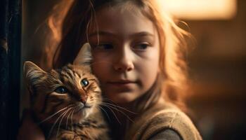 Smiling child embraces playful kitten indoors happily generated by AI photo