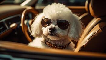 Cute purebred terrier wearing sunglasses in car generated by AI photo