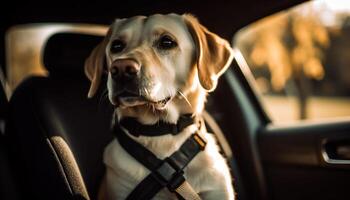 Cute puppy sitting in car, looking out generated by AI photo