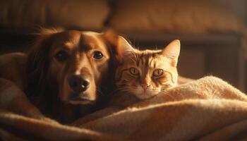 linda perrito y gatito jugando en sofá generado por ai foto