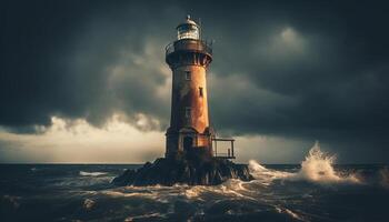 Beacon guides ships through dangerous coastline at dusk generated by AI photo