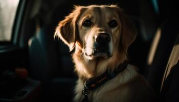 Golden retriever puppy sitting in car, looking out generated by AI photo