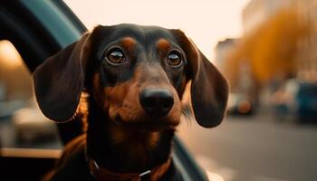 linda de pura raza perrito sentado en auto, mirando fuera generado por ai foto