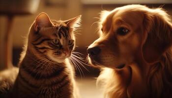 Cute puppy and kitten playing together indoors generated by AI photo