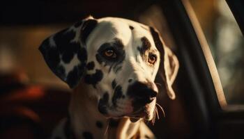 Cute purebred Dalmatian puppy sitting outdoors, looking up generated by AI photo