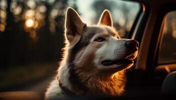 Cute purebred puppy sitting outdoors looking at camera generated by AI photo