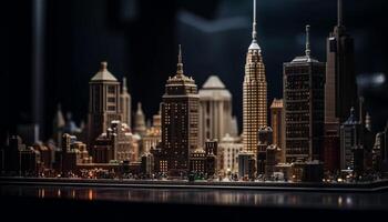 moderno ciudad horizonte brilla brillante a oscuridad, reflejando en agua generativo ai foto