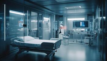 Modern hospital ward with advanced technology and clean equipment generated by AI photo