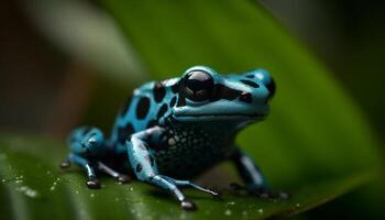 Spotted poison arrow frog sitting on leaf in tropical rainforest generated by AI photo