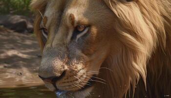 Lion staring, front view, beauty in nature, dangerous hunter generated by AI photo