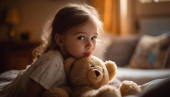 linda caucásico niñito jugando con osito de peluche oso en cómodo dormitorio generado por ai foto