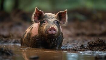 linda cerdito hocico cubierto en lodo, mirando a cámara generado por ai foto