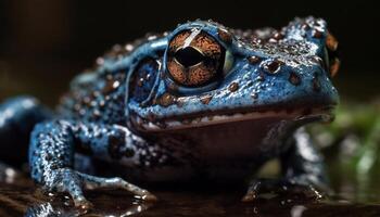 Slimy toad sitting in wet blue water, staring at camera generated by AI photo