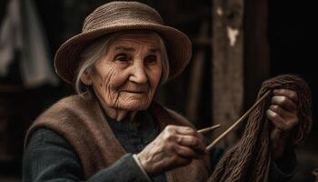 Smiling senior woman knitting wool, looking at camera outdoors generated by AI photo