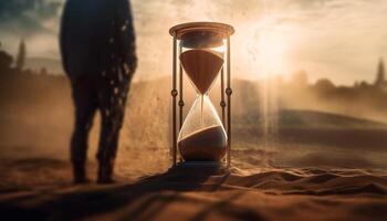 Men holding antique stopwatch, waiting for sunset deadline on coastline generated by AI photo