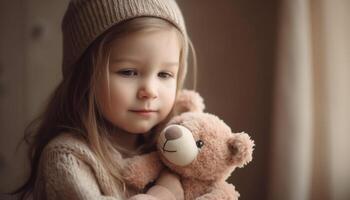 Smiling toddler embraces teddy bear, radiating joy and innocence generated by AI photo