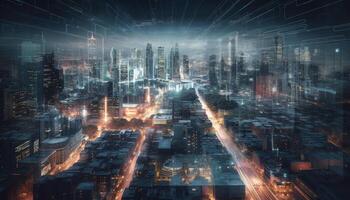 Glowing skyscrapers illuminate the futuristic city skyline generated by AI photo