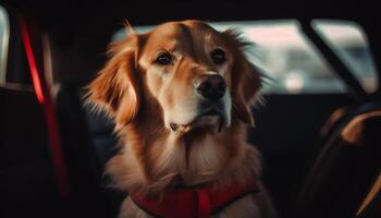 Golden retriever sitting in car, looking outdoors generated by AI photo