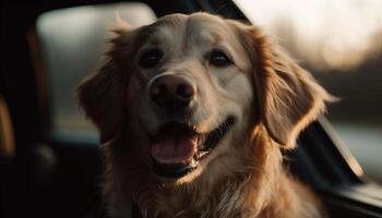 Golden retriever puppy sitting in car, smiling generated by AI photo