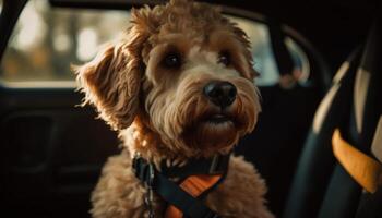 Cute puppy sitting in car, ready for journey generated by AI photo