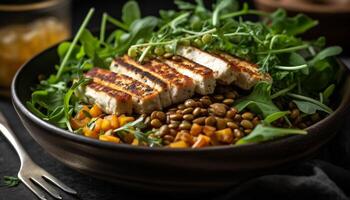 Grilled fillet and salad, a healthy meal generated by AI photo