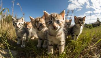 Fluffy striped kitten playing in meadow grass generated by AI photo