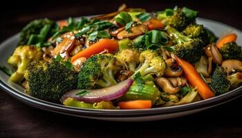 Fresh gourmet vegetarian stir fry on wooden plate generated by AI photo