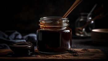 Organic dessert on rustic table with honey generated by AI photo